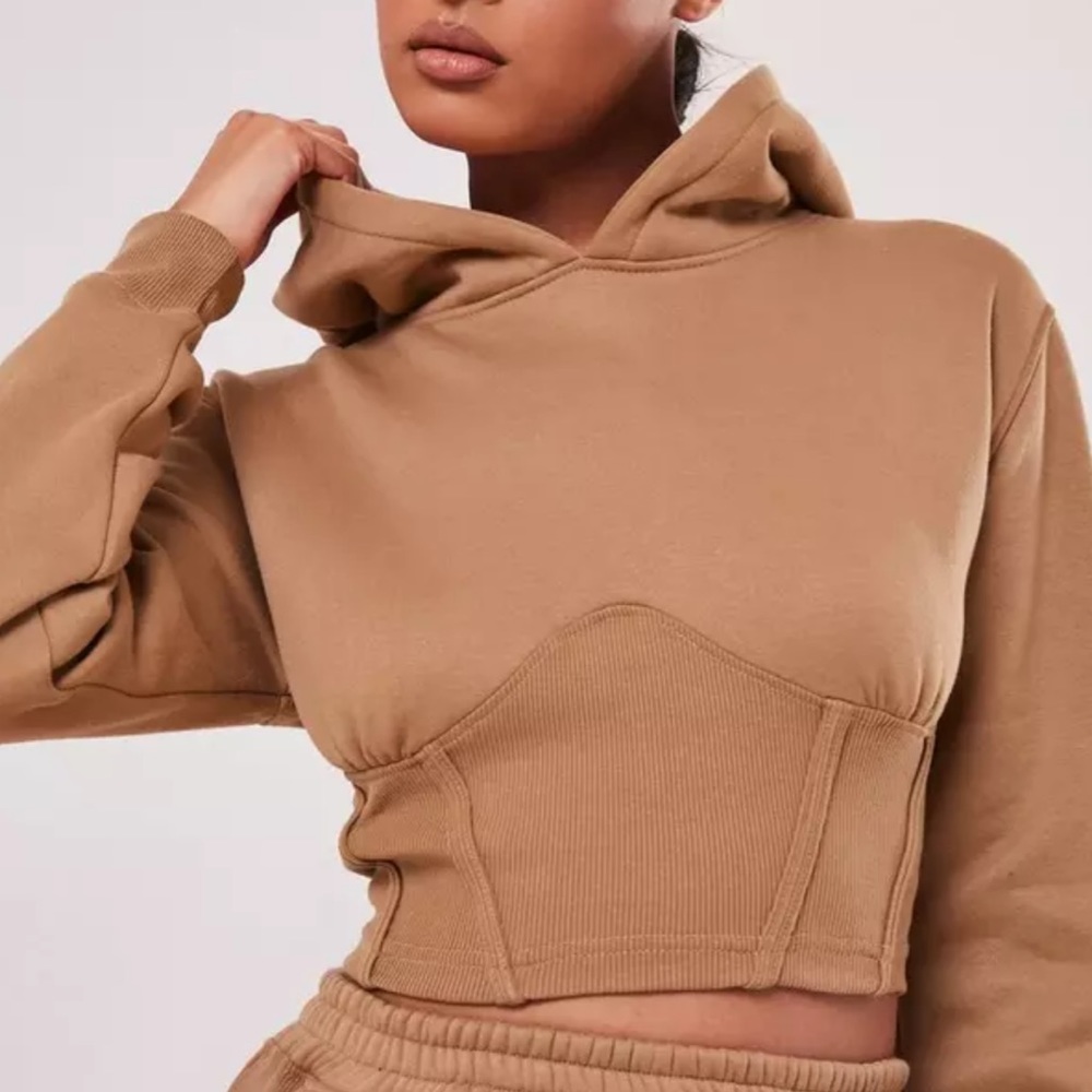 Missguided Camel Brown Corset Detail Cropped Hoodie Size US 2 NWOT - Picture 1 of 9